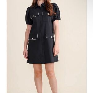 Black Puff-Sleeve Mini Dress with Contrast Pocket Trim